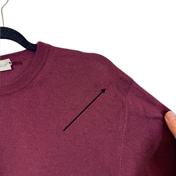 MONCLER Maglione Tricot Girocollo Logo Patch 100% Wool Jumper Sweater Burgundy - Picture 5 of 16